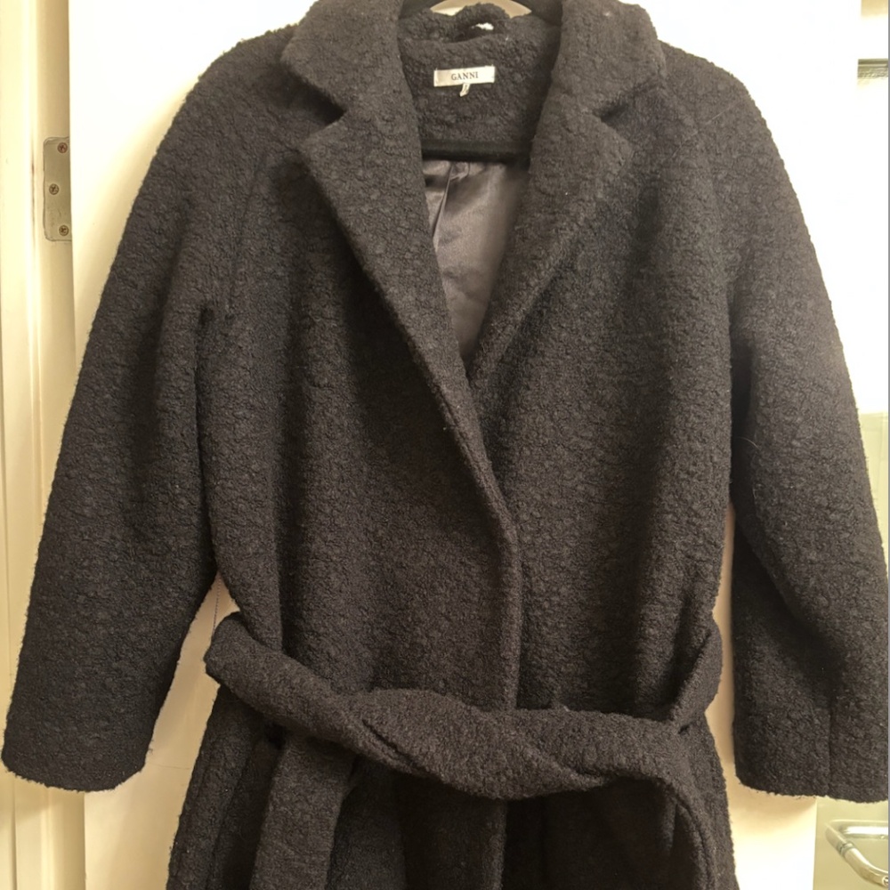 Ganni Fenn Long Wrap Belted Coat in Black Size 40/L